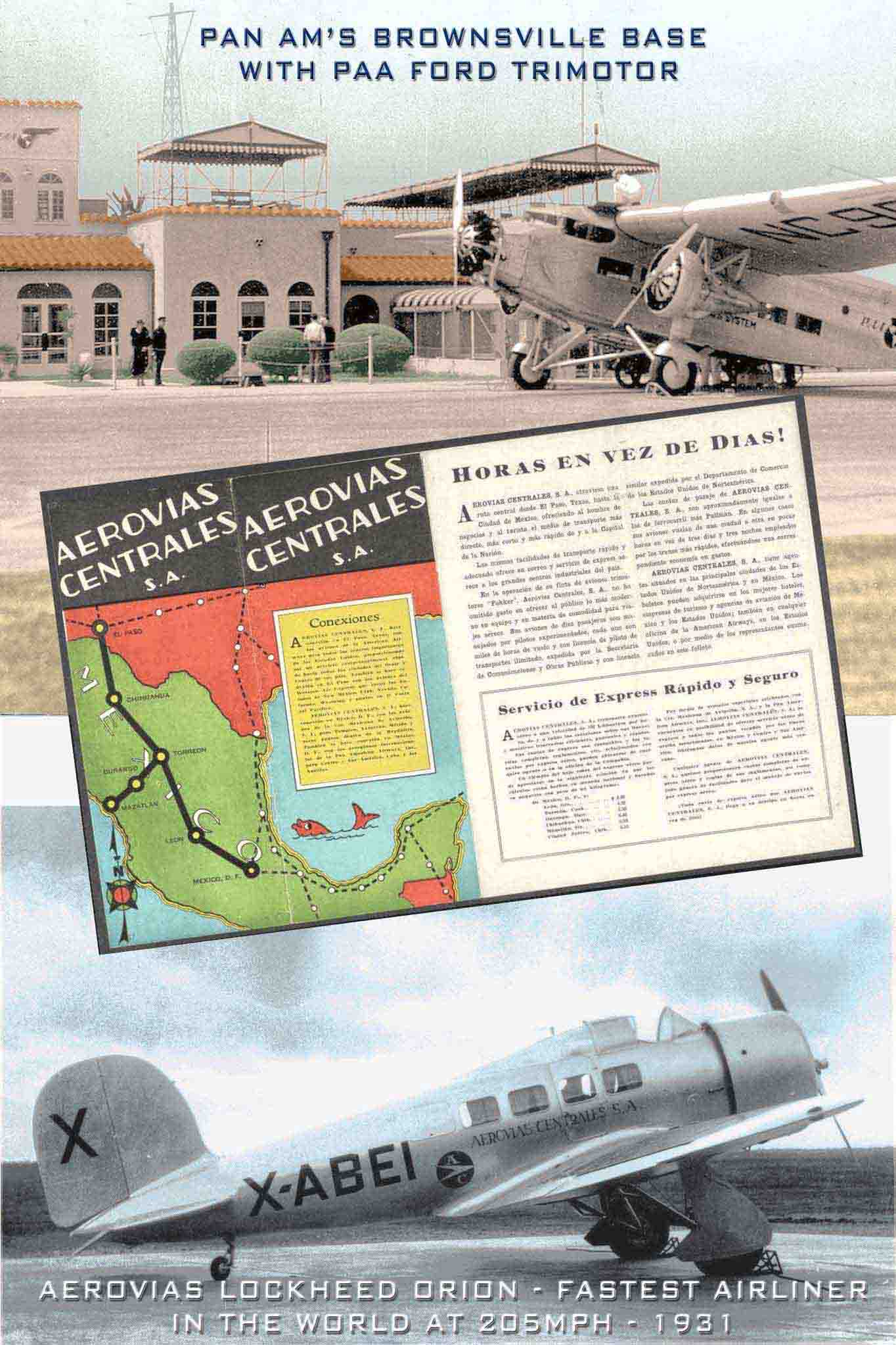 Brownsville PAA Ford Trimotor, Aerovias Timetable Cover and Aerovias Lockheed Orion