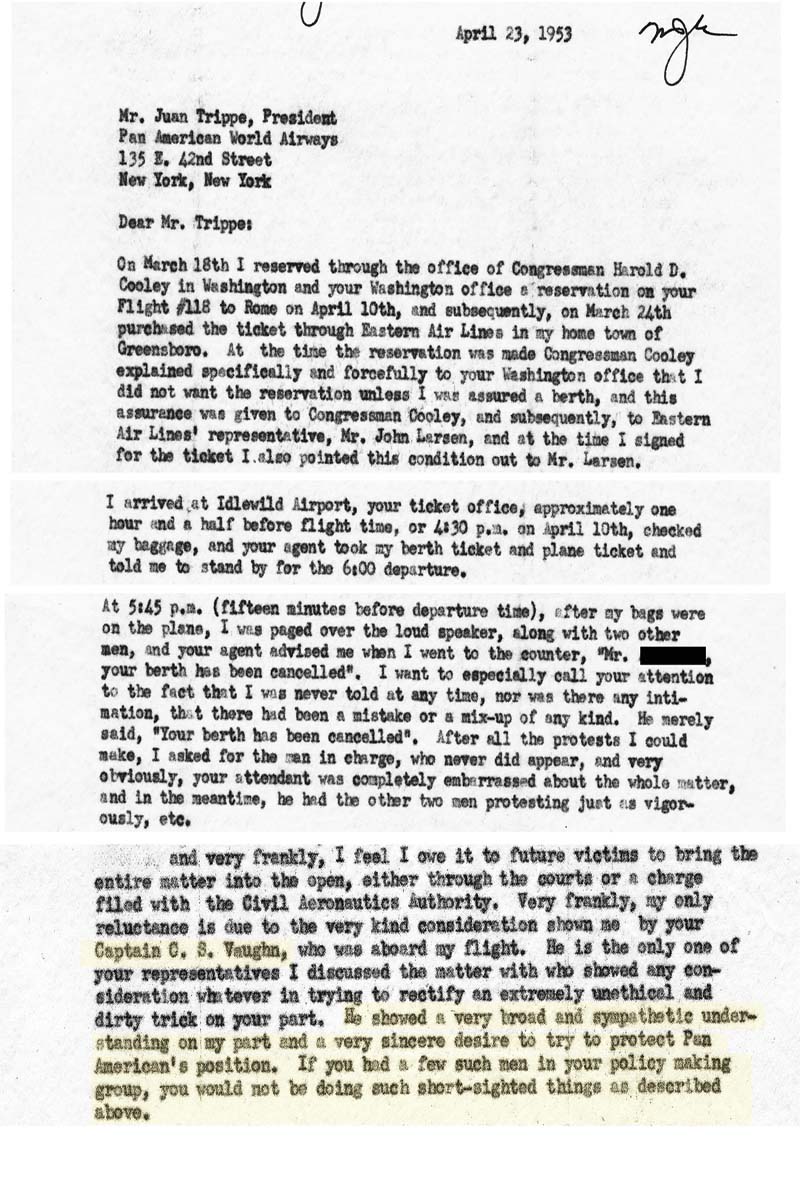 April 1953 Letter from a passenger to Juan Trippe
