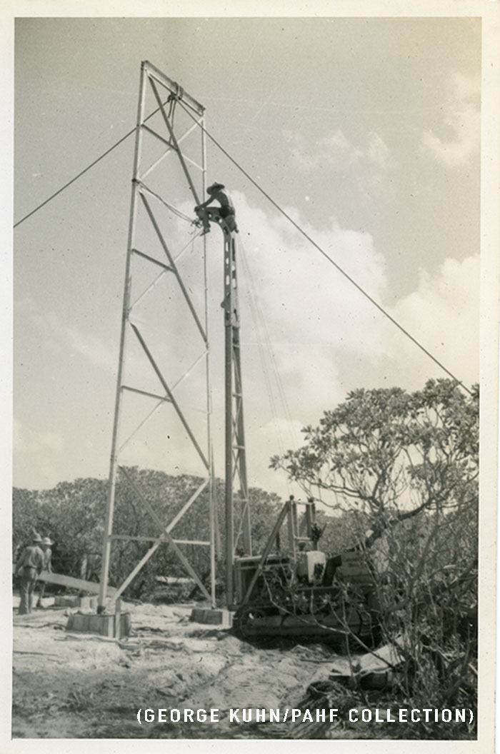 Building The Tower by Pan Am construction engineer George Kuhn at Wake (George Kuhn/PAHF Collection).