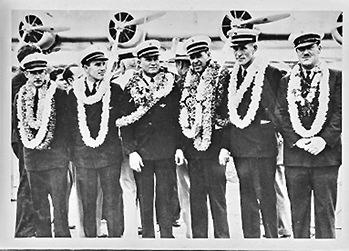 Pan Am Captain Ed Musick and Crew are greeted on their arrival in Hawaii April 17, 1935 after an epic flight.