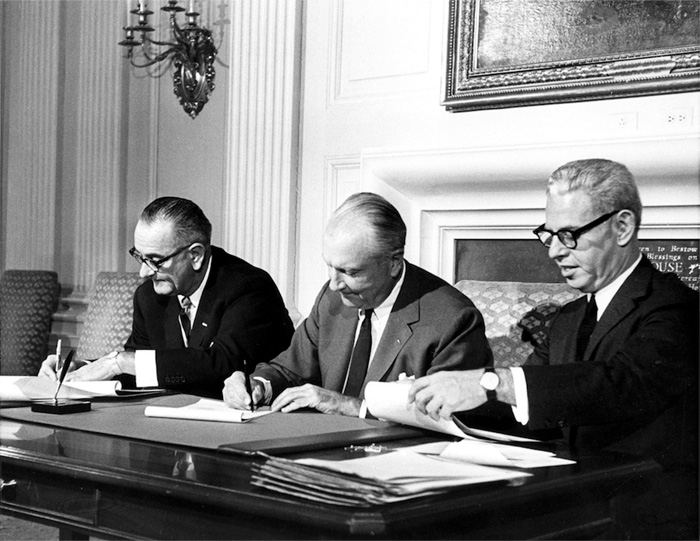 Johnson,  Trippe, and Goldberg signing Pan Am to join John F. Kennedy's Equal Opportunity Employment plan, Spring 1961