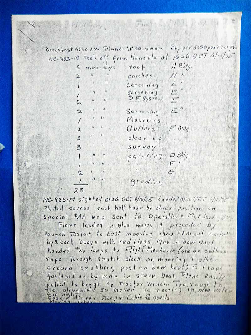 June 15, 1935 NC823M lands at Midway, Karl Lueder hand-written log.