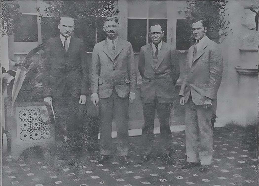 Ed Musick (2nd from right) with Pan Am colleagues in Havana after Pan Am's first scheduled flight Oct 1927 from news article, Univ Miami Special Collections (courtesy of Roger Easton)