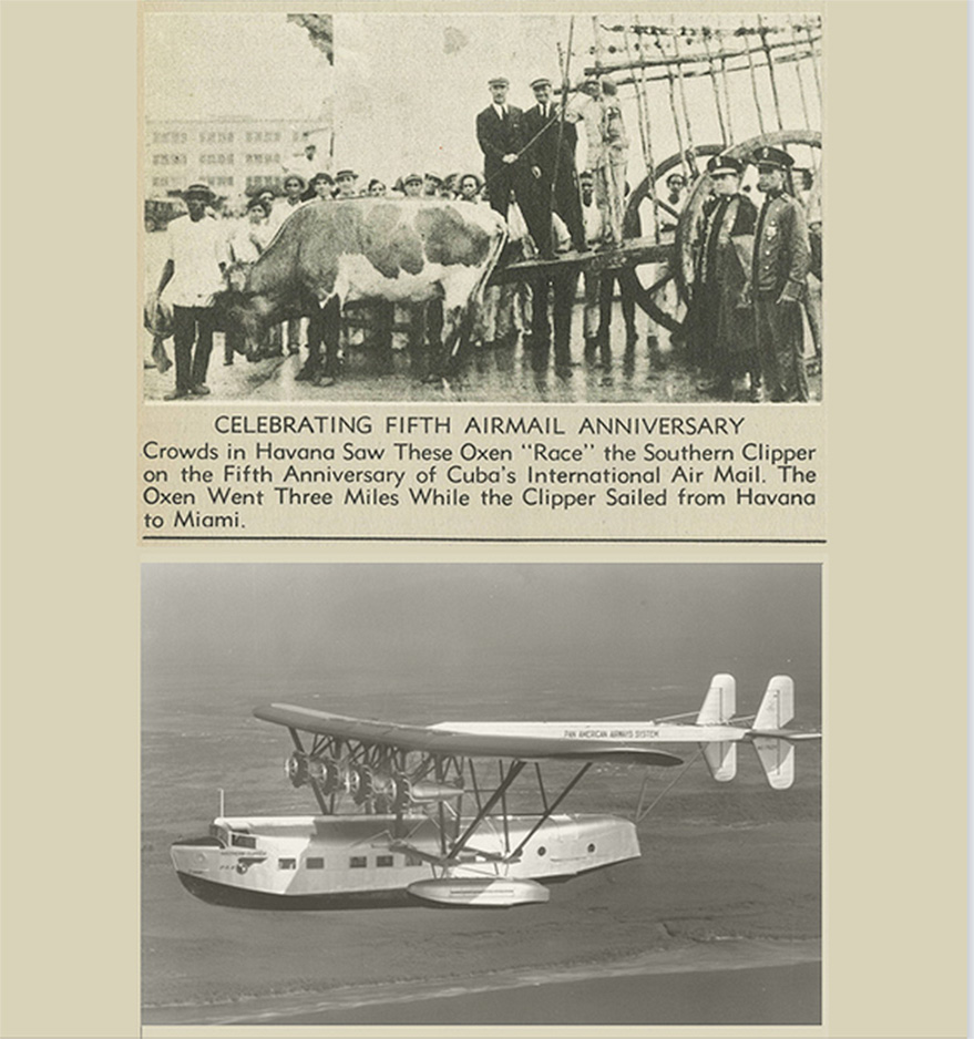 Nov 1932 Pan Am's 5th Anniversary Race Basil Rowe with Oxen in Havana & Pan Am flying boat