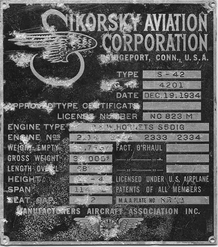 PAA S-42 NC823M "Pan American Clipper" Manufacturers plate (Pan Am Historical Foundation Collection).