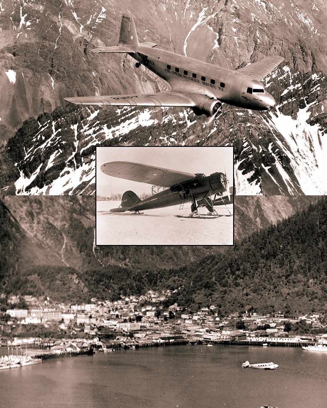 Panagra DC 2 in the Andes Consolidated Fleetster with skis & Pacific Alaska Airways L 10 Electra in Juneau
