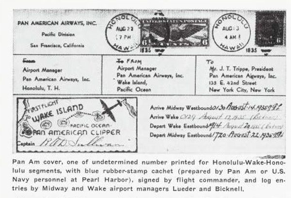 Wake Cachet, Aug. 1935, mailed  from Honolulu to Juan Trippe in New York City (Courtesy of John Johnson).