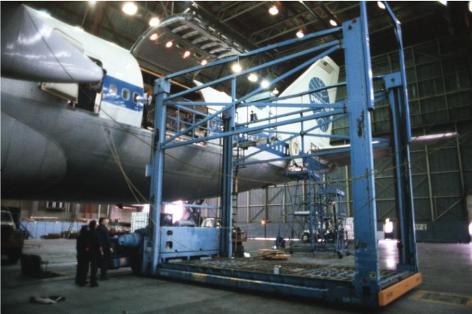 Pan Am Jet Clipper Sea Serpent with hydraulic stand, 747 Civil Reserve Air Fleet modification